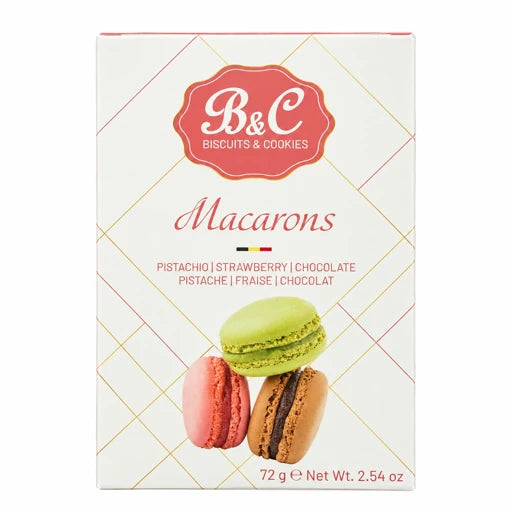 B&C Macarons Pistache, Aardbei & Chocolade 72 g – productverpakking